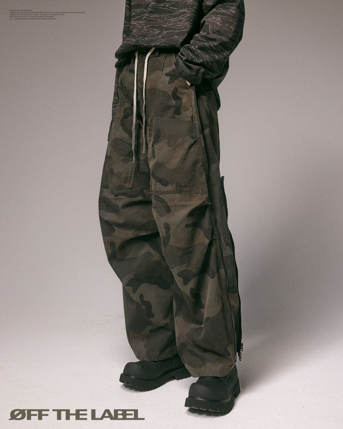 Off The Label Heavy-Washed Extra-Long Zipper Deconstructed Camo Pants