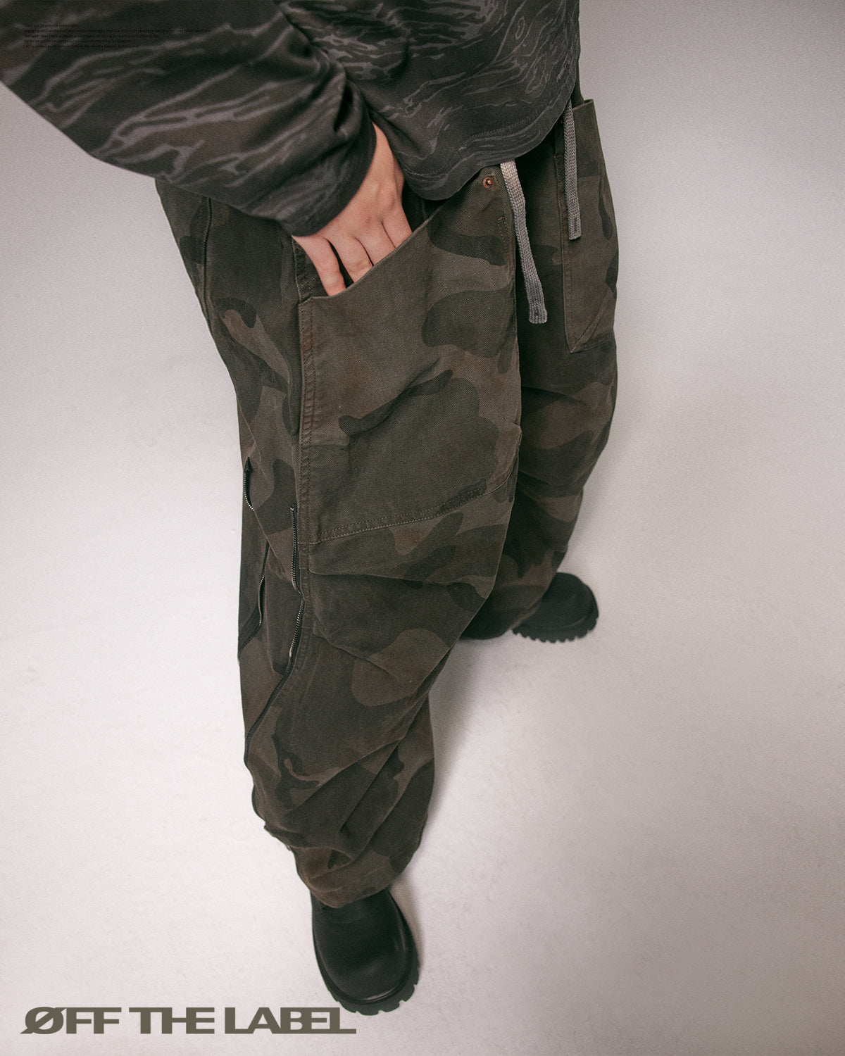 Off The Label Heavy-Washed Extra-Long Zipper Deconstructed Camo Pants