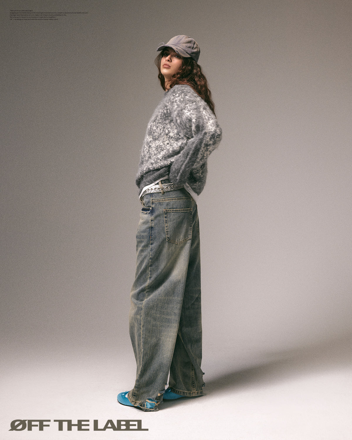 OFF THE LABEL Ripped Heel Loose-Fit Washed Pinstripe Denim Pants Light Blue