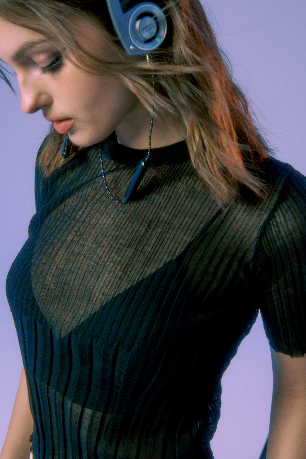 Semi-sheer srochet-style knit top black
