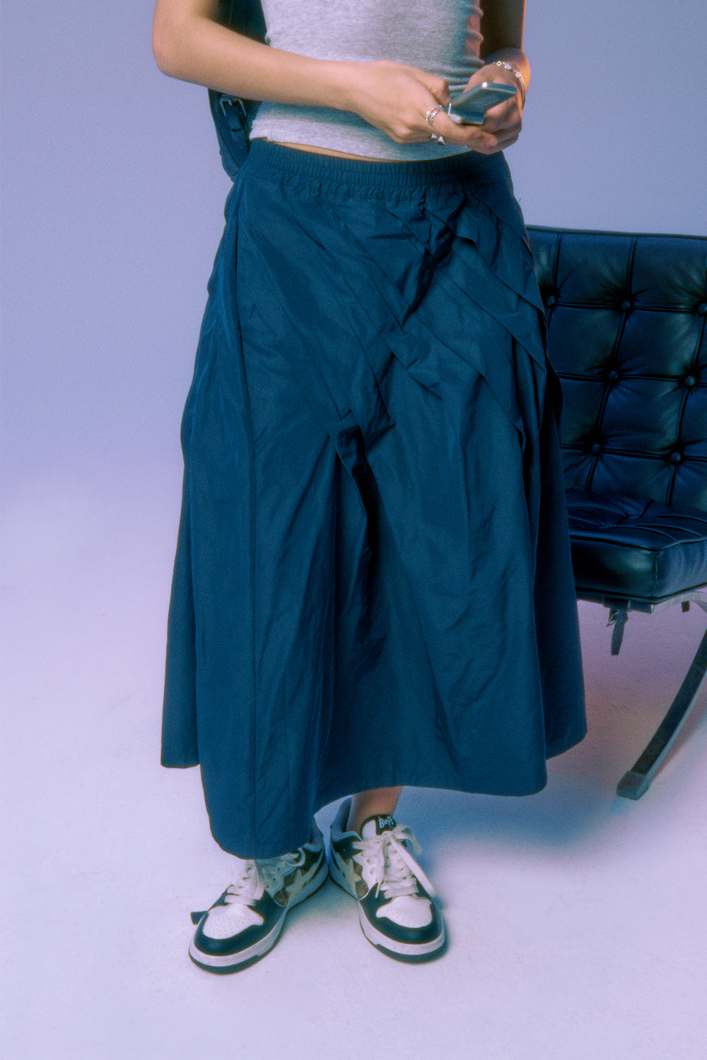 Elasticated-waistband parachute gathered skirt navy blue
