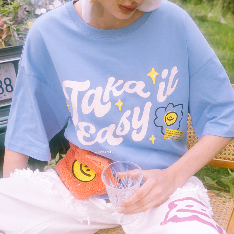 TAKA Original Fun Growing daisy take it easy star print blue T-shirt