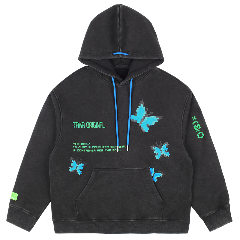 TAKA Original [ Eternet 002]  pixelated butterfly heavy wash hoodie