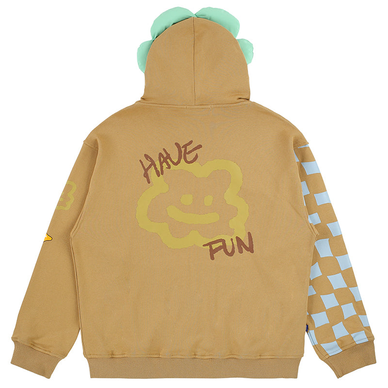 TAKA Original Fun Growing beige full zipper color block daisy flower hoodie