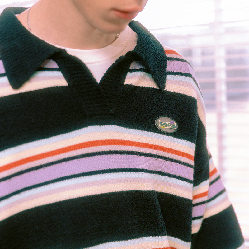 TAKA Original Cosmic Univ. logo-embroidered stripe fleece polo jumper