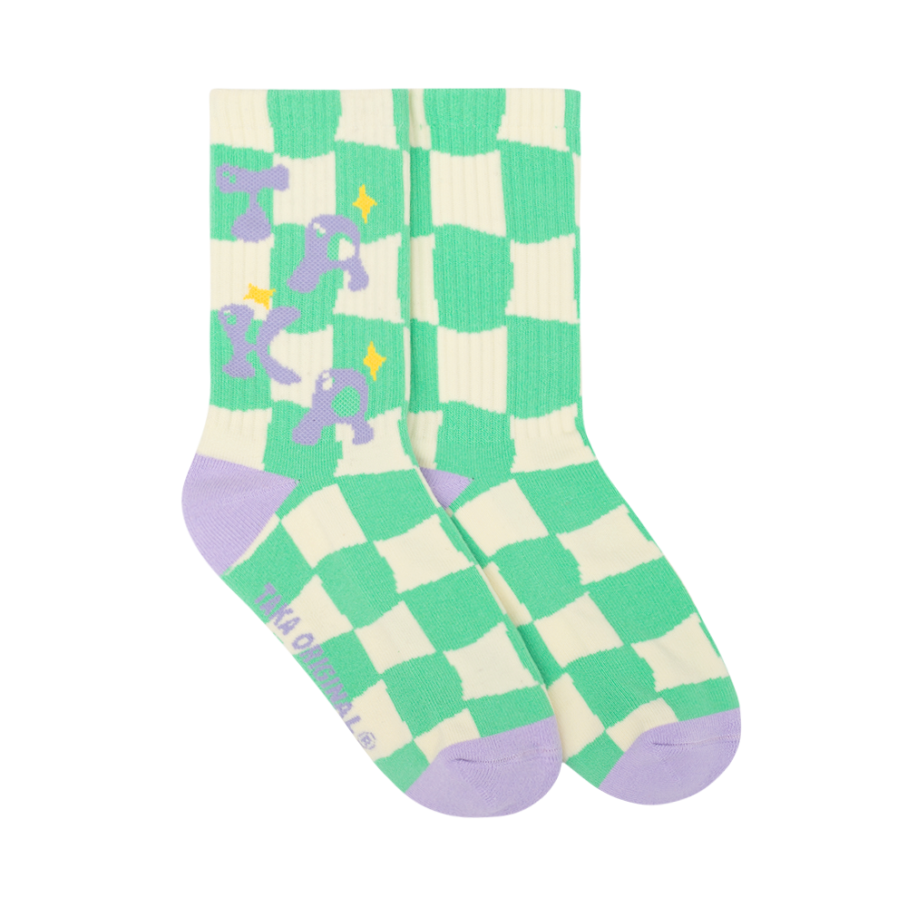 TAKA Original Life Is Beautiful logo checkerboard crew socks