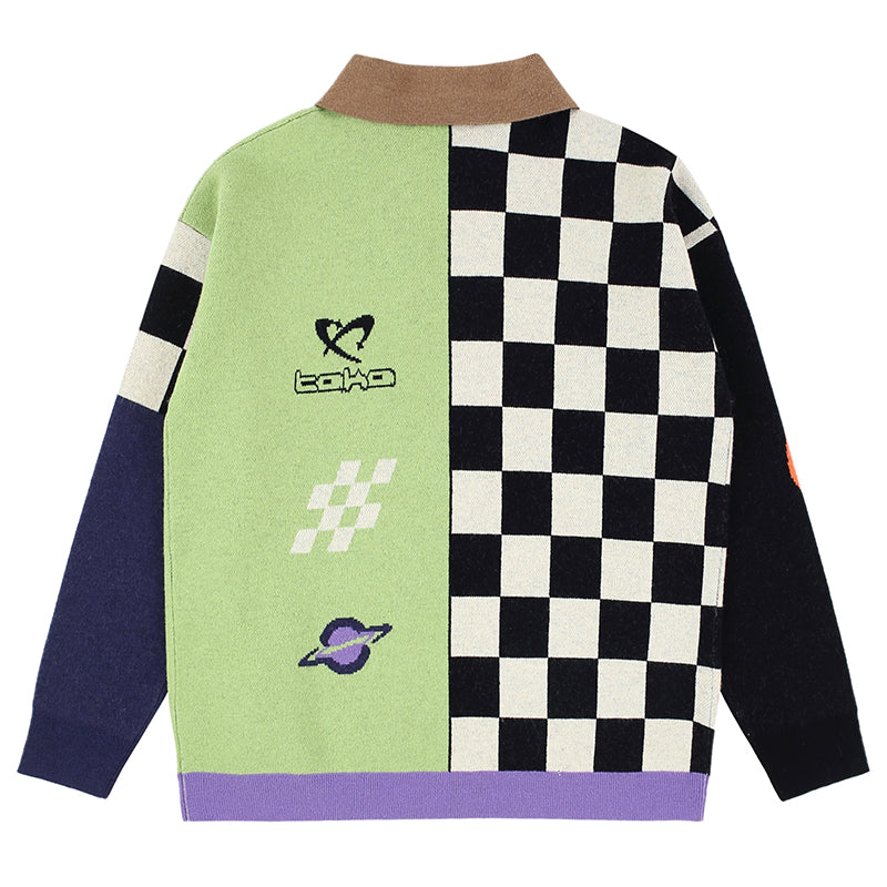 TAKA Original Cosmic Univ. flaming checkboard zipped knitted cardigan - TAKA ORIGINAL LIMITED
